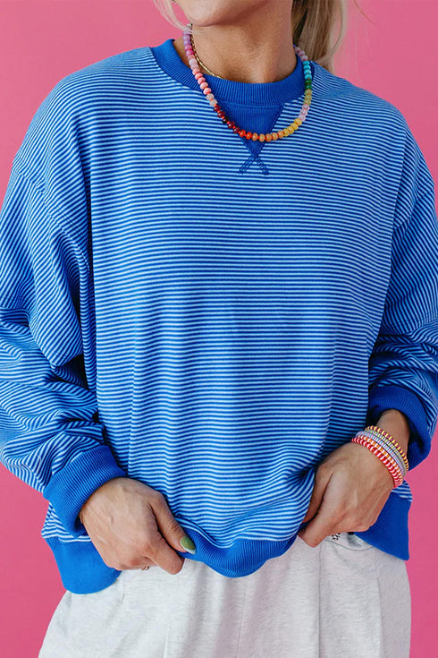 Striped Ribbed Cuff Hem Seam Long Sleeve Pullover Top