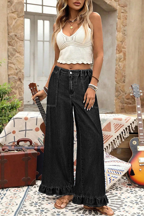 Elastic Waist Ruffled Wide Leg Denim Pants