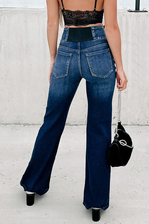 Button Detail Elastic Wide Waistband Flare Denim Jeans