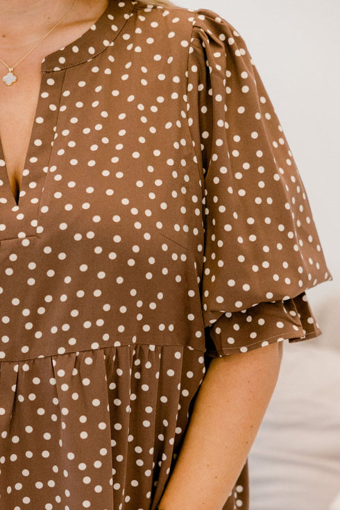 Polka Dot V Neck Long Sleeve Shift Mini Dress