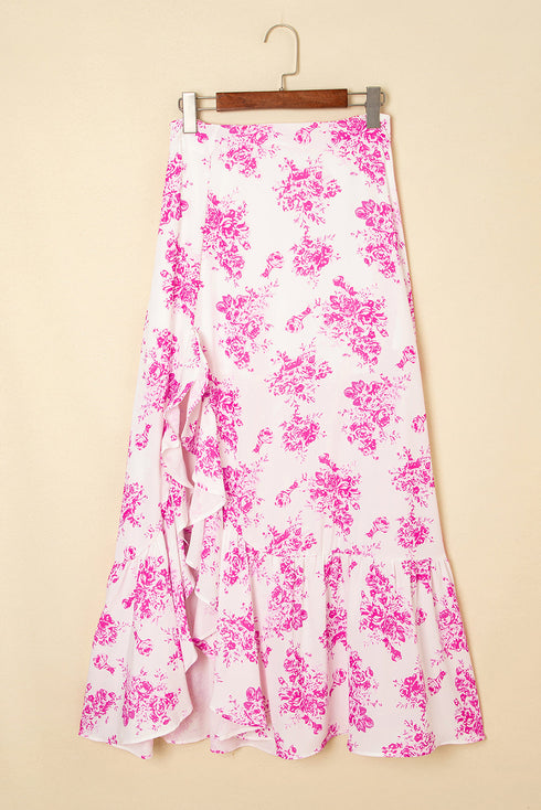 Bohemian Floral Print High Waist Ruffle Split Maxi Skirt
