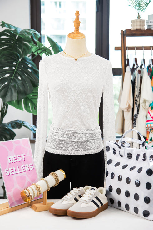 Sheer Mesh Lace Feminine Detail Long Sleeve Top