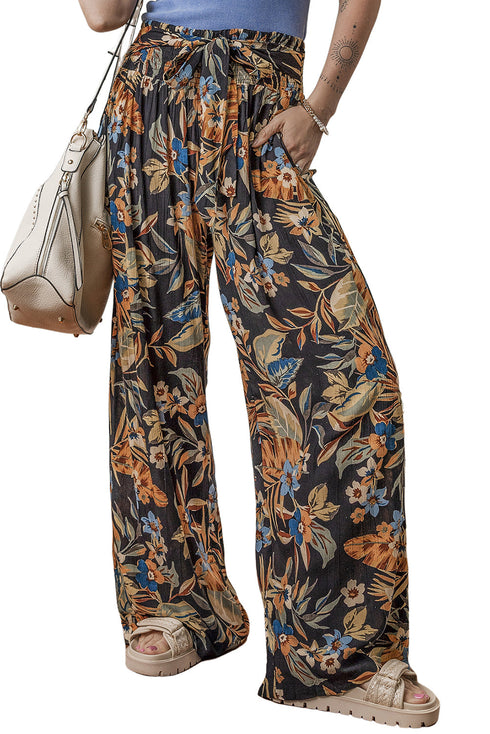 Bohemian Floral Print Smocked Waist Wide Leg Pants