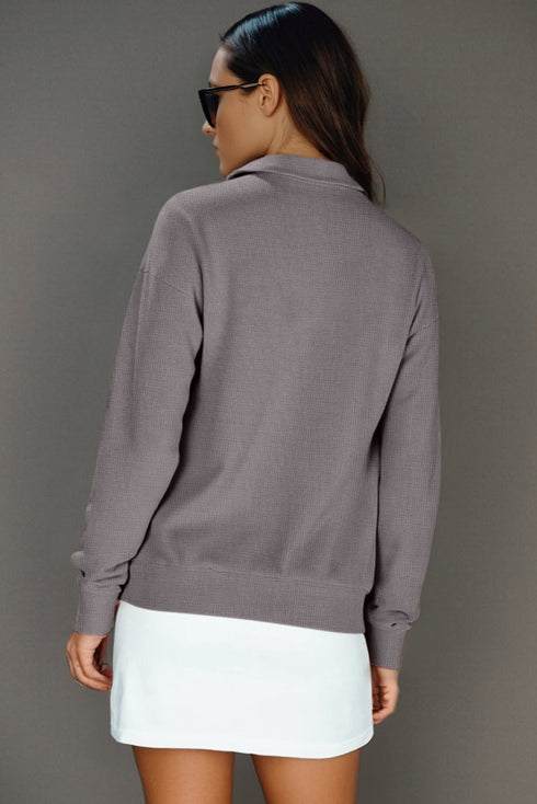 Waffle Textured Collar Half Zip Pocketed Drop Shoulder Sweatshirt