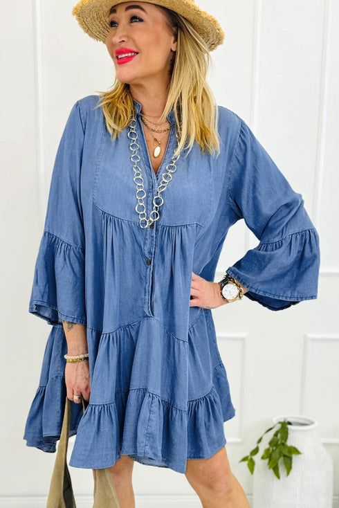 Chambray Denim Ruffled Tiered Split V Neck Mini Dress
