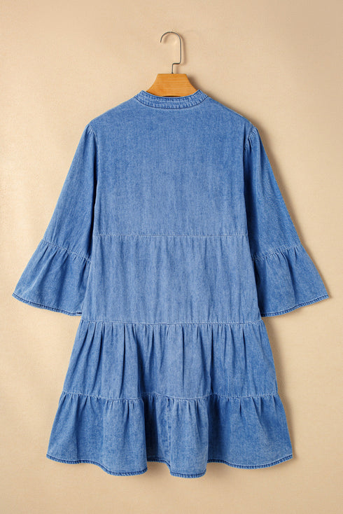 Chambray Denim Ruffled Tiered Split V Neck Mini Dress