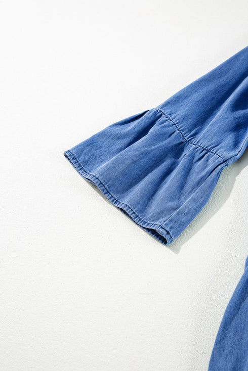 Chambray Denim Ruffled Tiered Split V Neck Mini Dress