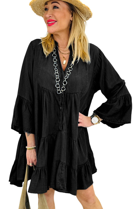 Chambray Denim Ruffled Tiered Split V Neck Mini Dress