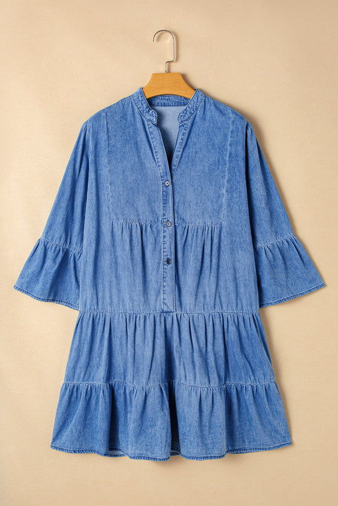 Chambray Denim Ruffled Tiered Split V Neck Mini Dress
