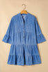 Chambray Denim Ruffled Tiered Split V Neck Mini Dress