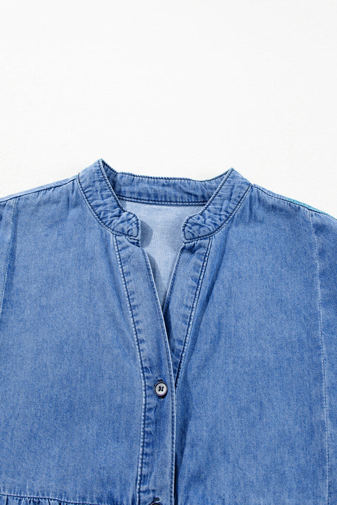 Chambray Denim Ruffled Tiered Split V Neck Mini Dress