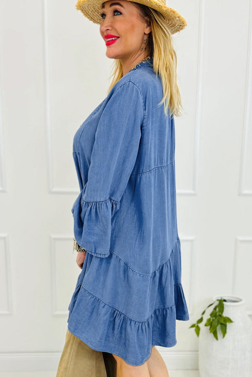 Chambray Denim Ruffled Tiered Split V Neck Mini Dress