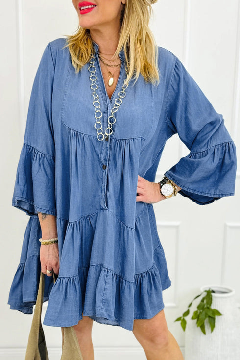 Chambray Denim Ruffled Tiered Split V Neck Mini Dress