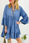 Chambray Ruffled 3/4 Sleeve Tiered Split V Neck Mini Dress