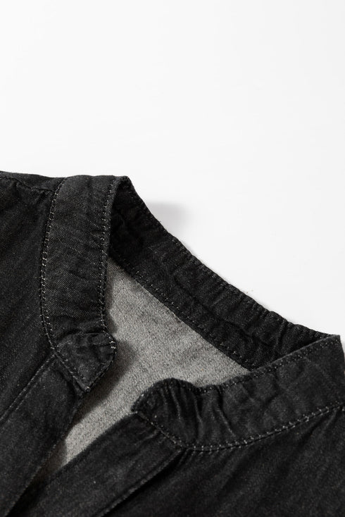 Chambray Ruffled 3/4 Sleeve Tiered Split V Neck Mini Dress