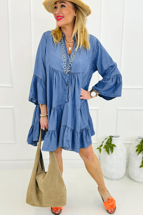 Chambray Ruffled 3/4 Sleeve Tiered Split V Neck Mini Dress