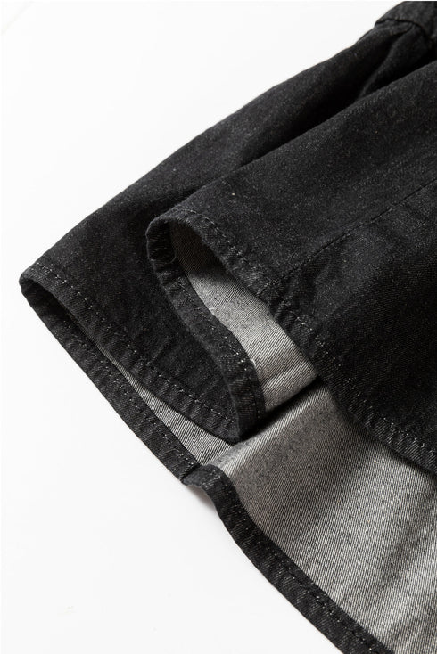 Chambray Ruffled 3/4 Sleeve Tiered Split V Neck Mini Dress