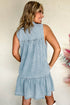 Charming Bow Tie Neck Sleeveless Ruffled Hem Chambray Mini Dress