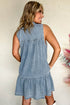 Charming Bow Tie Neck Sleeveless Ruffled Hem Chambray Mini Dress