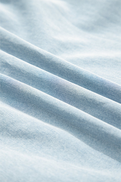 Charming Bow Tie Neck Sleeveless Ruffled Hem Chambray Mini Dress