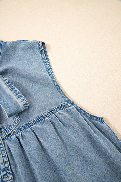 Charming Bow Tie Neck Sleeveless Ruffled Hem Chambray Mini Dress