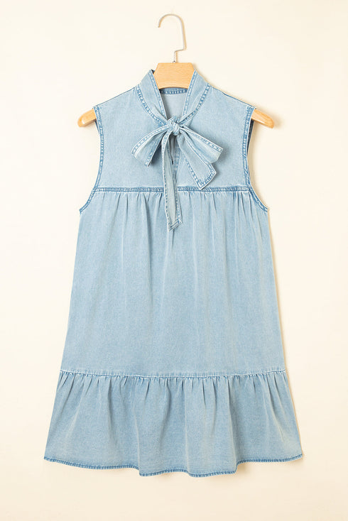 Charming Bow Tie Neck Sleeveless Ruffled Hem Chambray Mini Dress