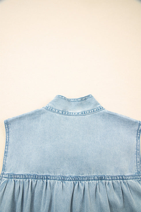 Charming Bow Tie Neck Sleeveless Ruffled Hem Chambray Mini Dress