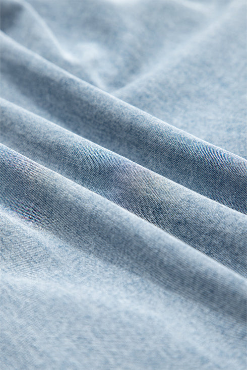 Charming Bow Tie Neck Sleeveless Ruffled Hem Chambray Mini Dress