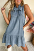 Charming Bow Tie Neck Sleeveless Ruffled Hem Chambray Mini Dress
