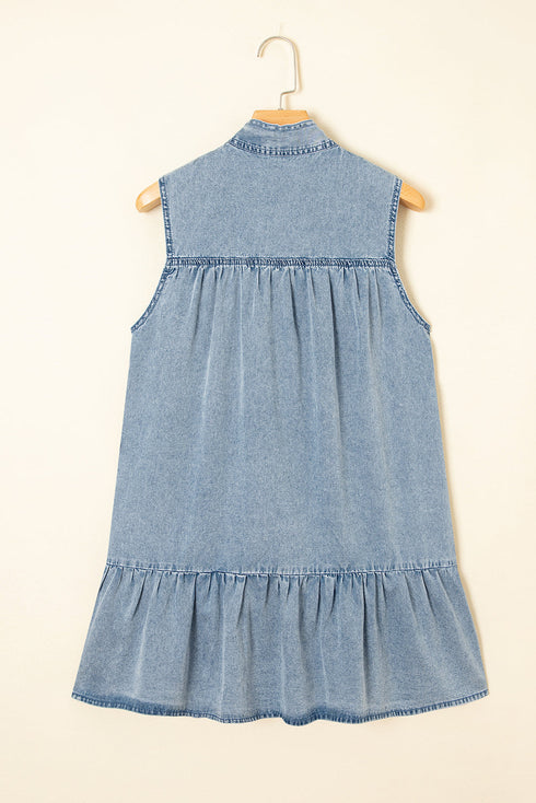 Charming Bow Tie Neck Sleeveless Ruffled Hem Chambray Mini Dress