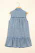 Charming Bow Tie Neck Sleeveless Ruffled Hem Chambray Mini Dress