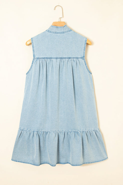 Charming Bow Tie Neck Sleeveless Ruffled Hem Chambray Mini Dress