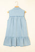 Charming Bow Tie Neck Sleeveless Ruffled Hem Chambray Mini Dress