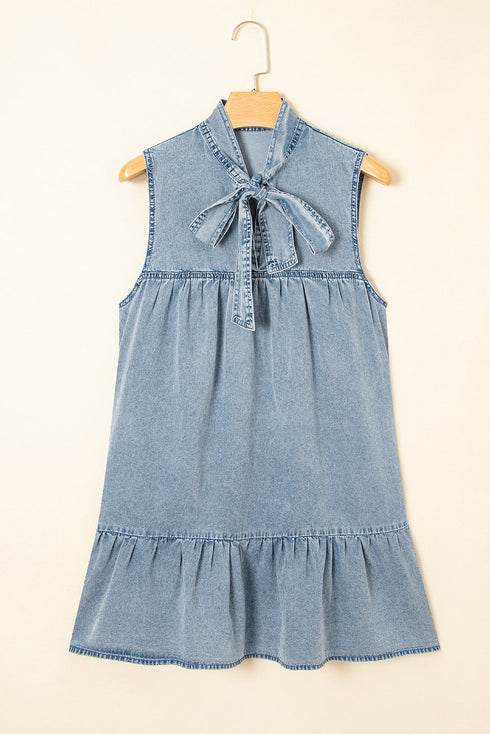 Charming Bow Tie Neck Sleeveless Ruffled Hem Chambray Mini Dress