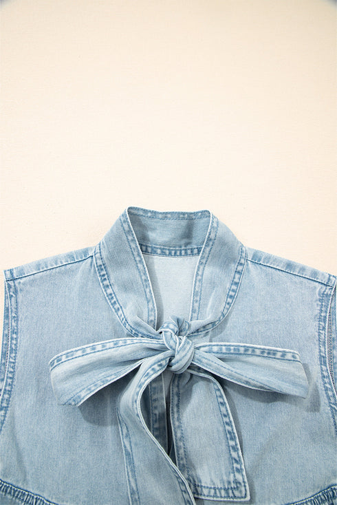 Charming Bow Tie Neck Sleeveless Ruffled Hem Chambray Mini Dress