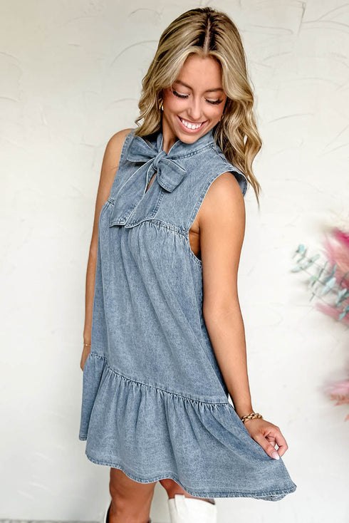 Charming Bow Tie Neck Sleeveless Ruffled Hem Chambray Mini Dress