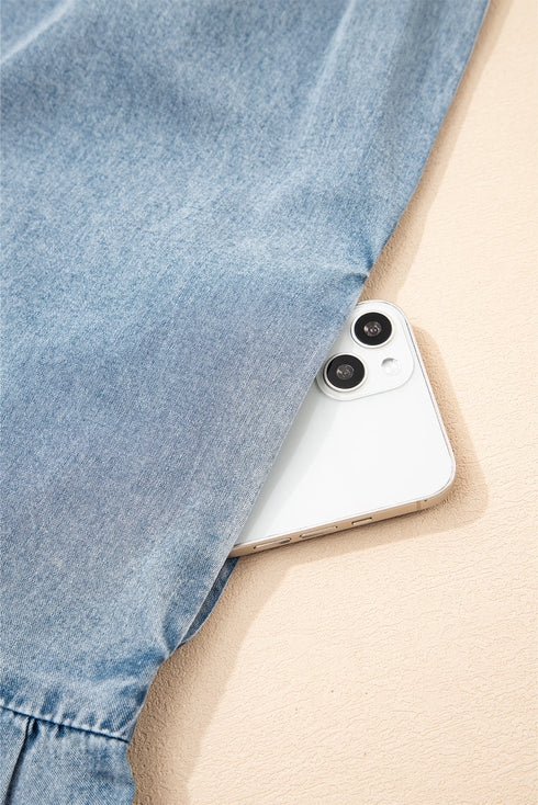 Charming Bow Tie Neck Sleeveless Ruffled Hem Chambray Mini Dress