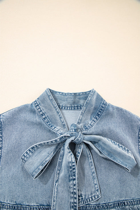Charming Bow Tie Neck Sleeveless Ruffled Hem Chambray Mini Dress