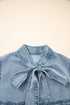Charming Bow Tie Neck Sleeveless Ruffled Hem Chambray Mini Dress
