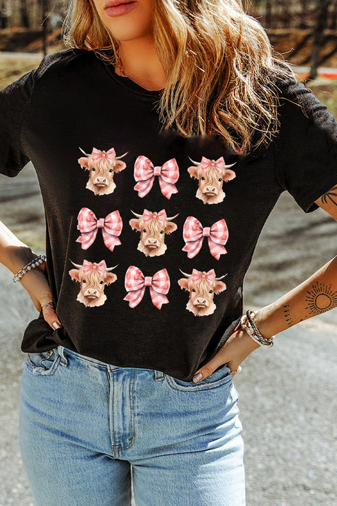 Charming Country Cow And Bow Grid Print Graphic Tee