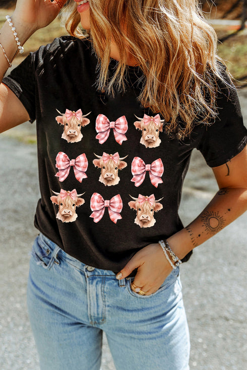 Charming Country Cow And Bow Grid Print Graphic Tee