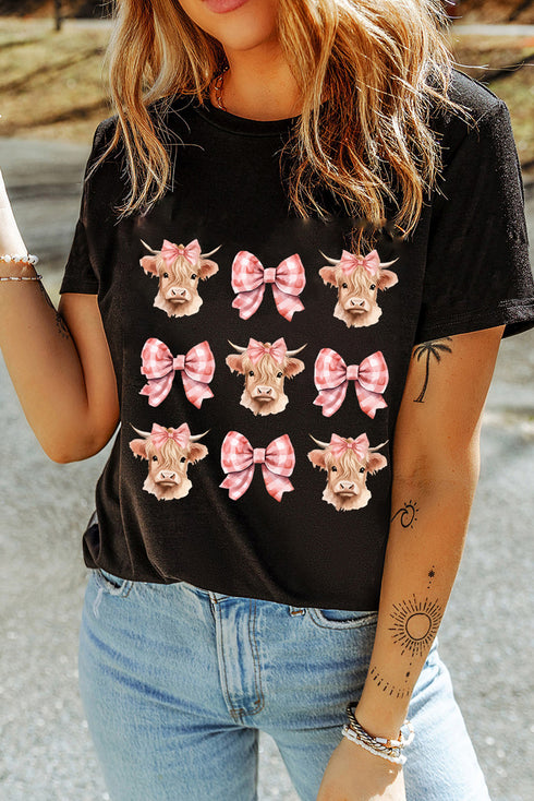 Charming Country Cow And Bow Grid Print Graphic Tee