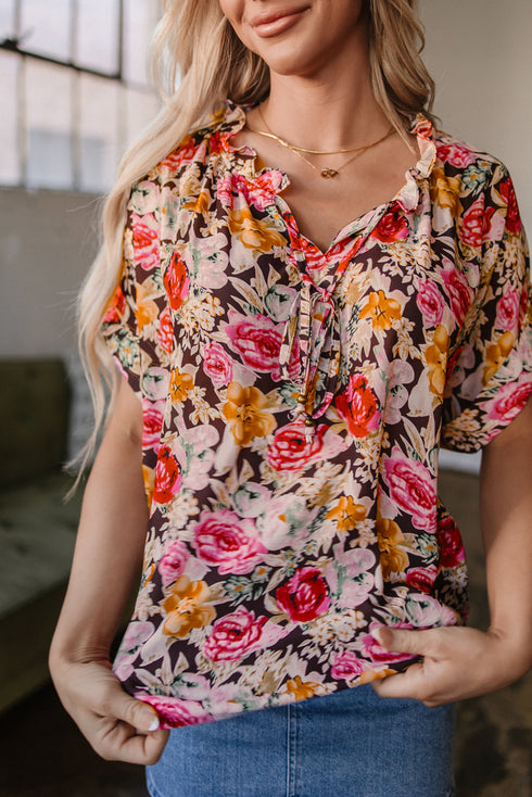 Charming Floral Print Crew Neck Short Sleeve Shift Blouse