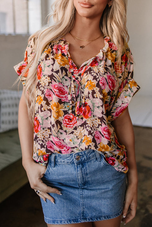 Charming Floral Print Crew Neck Short Sleeve Shift Blouse