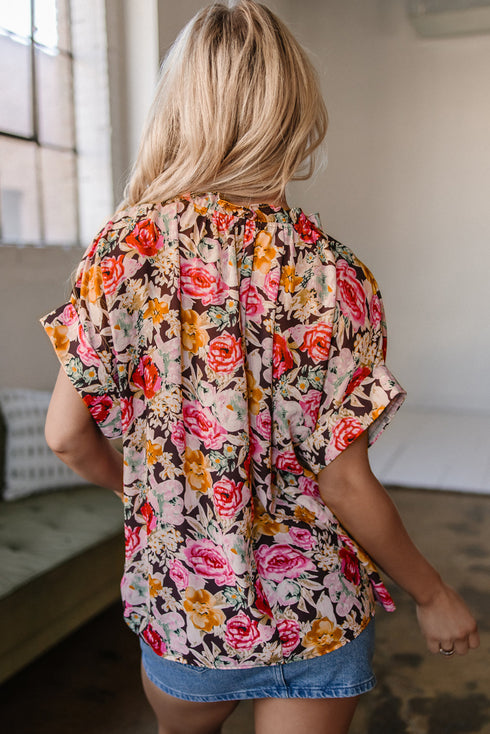 Charming Floral Print Crew Neck Short Sleeve Shift Blouse