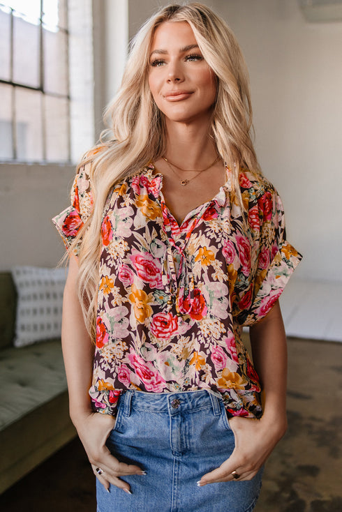 Charming Floral Print Crew Neck Short Sleeve Shift Blouse