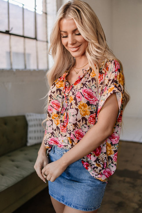 Charming Floral Print Crew Neck Short Sleeve Shift Blouse