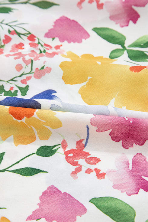 Charming Floral Print Ruffled Sleeve Boxy V Neck Blouse Top