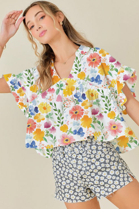 Charming Floral Print Ruffled Sleeve Boxy V Neck Blouse Top