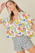 Charming Floral Print Ruffled Sleeve Boxy V Neck Blouse Top